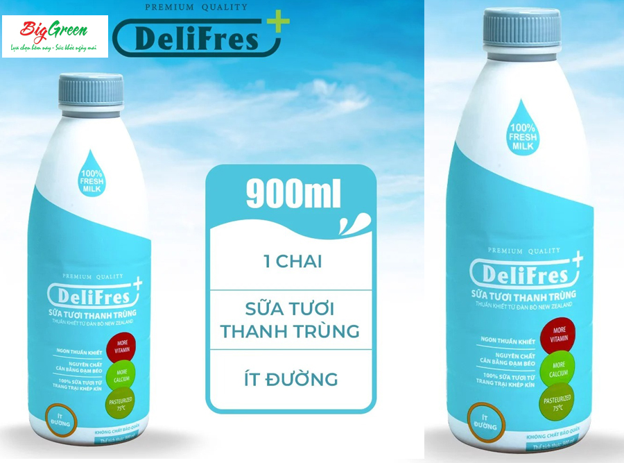 Sữa Tươi Thanh Trùng DeliFres ít đường 900ml