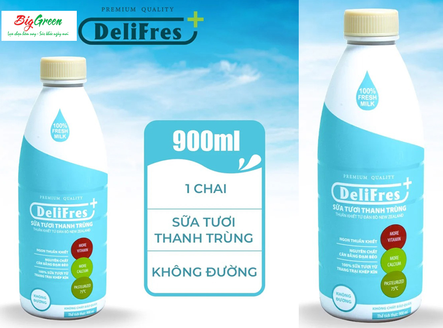 Sữa Tươi Thanh Trùng DeliFres không đường 900ml